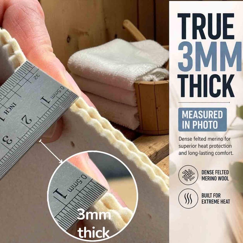 May include: A white felted wool mat with a thickness of 3mm as shown by a metal ruler. The text on the right reads TRUE 3MM THICK, MEASURED IN PHOTO, Dense felted merino for superior heat protection and long-lasting comfort, DENSE FELTED MERINO WOOL, BUILT FOR EXTREME HEAT.