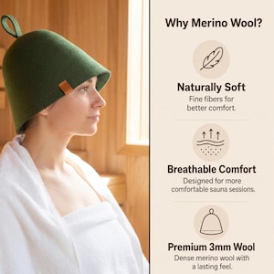 May include: A dark olive green felted wool sauna hat with a small loop at the top and a brown leather tag on the side. The text on the right reads: Why Merino Wool? Naturally Soft, Fine fibres for better comfort. Breathable Comfort, Designed for more comfortable sauna sessions. Premium 3mm Wool, Dense merino wool with a lasting feel.