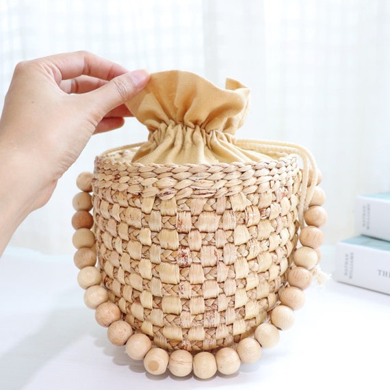 Hand Woven Water Hyacinth Bag: Straw Handbag with Wood Beads