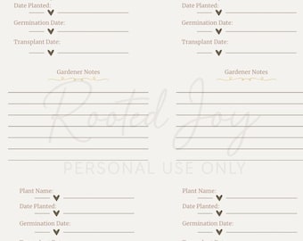 May include: A beige seed starting log with sections for plant name, planting and germination dates, transplant date, and gardener notes. The text "Seed Starting Log" is at the top. The words "Personal Use Only" are also visible.