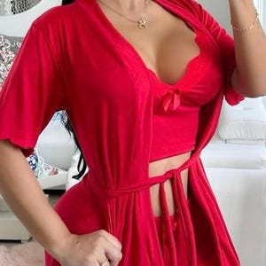 Trio of red pajamas for women, includes shorts, robe and blouse,Red Lace Lingerie Set with Robe – Sexy and Comfortable Sleepwear for Women