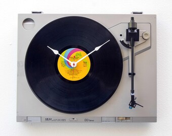 Recycled Turntable Clock, music, record, album, player, upcycle, reuse, repurpose, large, wall, vinyl, LP, vintage, antique, battery, retro,