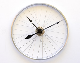 Bike Wheel Clock, Large, Wall, Cycle, Unique, Wedding, Steampunk, Decor, Modern, gear, repurpose, recycle, upcycle, reuse, boyfriend, silver