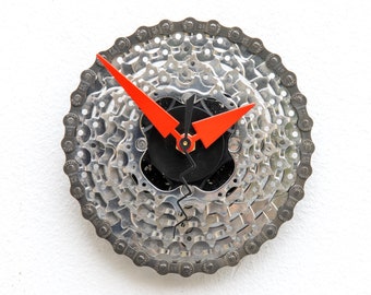 bicycle gear clock, cycle, Recycle, Bike, unique, repurpose, reuse, reclaim, chain, upcycle, wall, battery, sprocket, cog, red, time, wall,