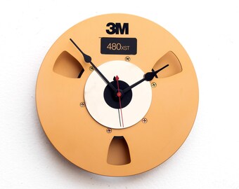 3M Video Tape Reel Clock, upcycle, analog, music, repurpose, recycle, retro, vintage, antique, aluminum, reuse, reclaim, wall, battery,