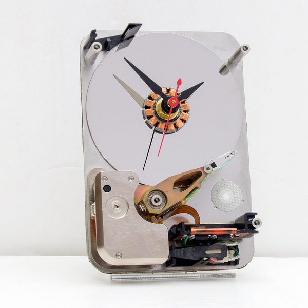 Computer hard drive clock, geek, nerd, Upcycle, recycle, reuse, repurpose, PC, analog, tech, desk, office, silver, black, red, vintage,