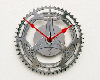 Bike Gear Clock, Chrome, bicycle, cycle, boyfriend, girlfriend, unique, upcycle, repurpose, Recycle, reuse, steampunk, Red, wall, battery,