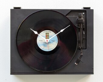 Recycled Turntable Clock, music, record, album, player, upcycle, reuse, repurpose, large, wall, vinyl, LP, vintage, antique, battery, retro,