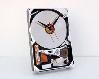 Computer hard drive clock, geek, nerd, Upcycle, recycle, reuse, repurpose, PC, analog, tech, desk, office, battery, vintage, time, cloud,