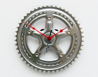 Bike Gear Clock, Chrome, bicycle, cycle, boyfriend, girlfriend, unique, upcycle, repurpose, Recycle, reuse, steampunk, Red, wall, battery,