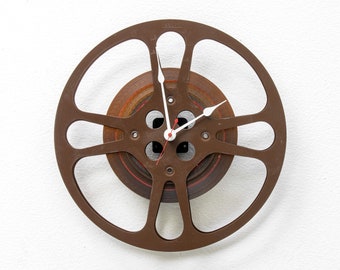 Film Reel Wall Clock, Filmmaker, Movie, Theater, Decor, Photographer, recycle, reuse, repurpose, upcycle, antique, vintage, 16mm, battery,