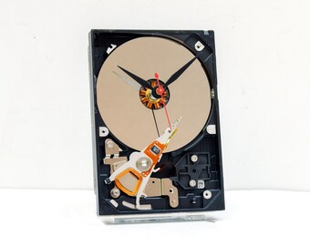 Computer Hard Drive Clock, nerd, geek, recycle, Upcycle, reclaim, repurpose, reuse, Modern. PC, tech, retro, desk, battery, vintage, time,