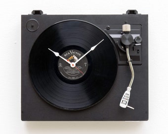 Recycled Turntable Clock, music, record, album, player, upcycle, reuse, repurpose, reclaim, wall, vinyl, LP vintage, antique, battery, retro