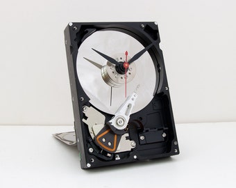 hard drive clock, geek, nerd, Computer, steampunk, upcycle, Recycle, repurpose, reuse, PC, tech, desk, battery, Mac, office, dad, father, IT