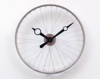 Bike Wheel Clock, Large, Wall, Cycle, Unique, Wedding, Steampunk, Decor, Modern, gear, repurpose, recycle, upcycle, reuse, boyfriend, grey,