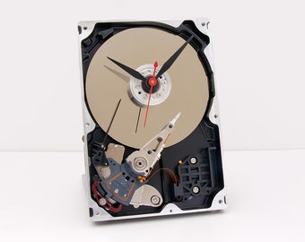 Computer Hard Drive Clock, nerd, geek, recycle, Upcycle, reclaim, repurpose, reuse, Modern. PC, tech, retro, desk, battery, vintage, time,