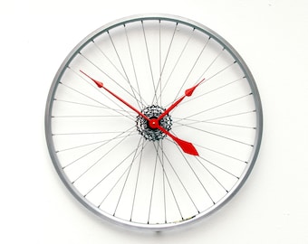 Bike Wheel Clock, Large, Wall, gear, Cycle, Steampunk, Bicycle, Modern, road, repurpose, reuse, upcycle, recycle, red,silver, battery, chain