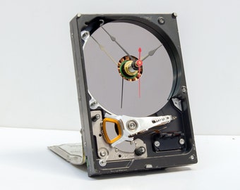 Recycled Computer Hard Drive Clock, upcycle, geek, nerd, PC, Birthday, design, steampunk, reuse, timepiece, repurpose, desk, battery, time,