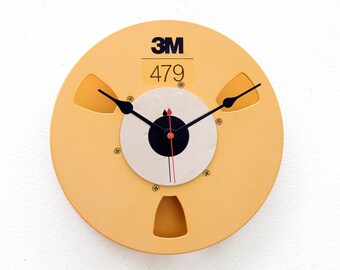 3M Video Tape Reel Clock, upcycle, analog, music, repurpose, recycle, retro, vintage, antique, aluminum, reuse, reclaim, wall, battery,