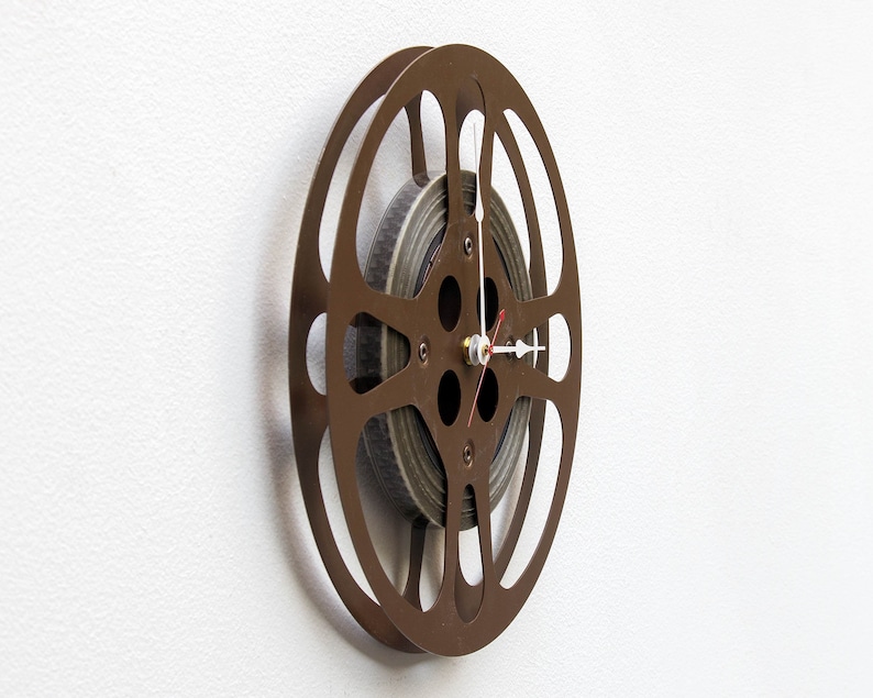 16mm photo reuse Theater vintage Movie brown, repurpose upcycle Filmmaker Photographer Film Reel Wall Clock antique recycle