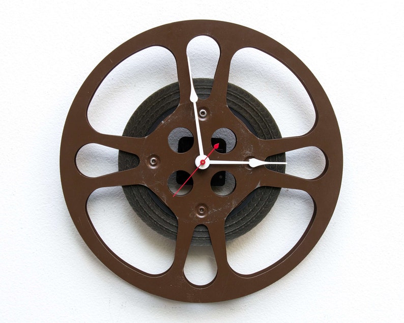 16mm photo reuse Theater vintage Movie brown, repurpose upcycle Filmmaker Photographer Film Reel Wall Clock antique recycle