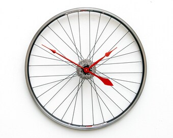 Bike Wheel Clock, Large, Wall, gear, Cycle, Bicycle, road, mountain, repurpose, reuse, upcycle, recycle, reclaim, battery, chain, spoke,