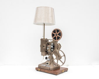 Movie projector lamp, antique, film, vintage, Keystone, 8mm, table, super 8, theater, decor, steampunk, reel, motion picture, photographer,