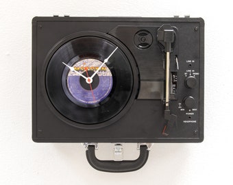 Record player clock, turntable, album, music, upcycle, repurpose, reuse, recycle, Vintage, antique, vinyl, LP, 45, wall, time, battery, RCA