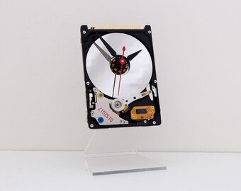 Recycled Computer Laptop Hard Drive Clock, geek, nerd, desk, unique, Mac, industrial, steampunk, repurpose, upcycle, reuse, reclaim, battery