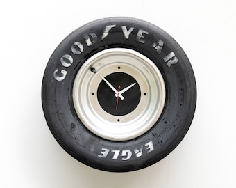 Goodyear Eagle Racing Tire and Wheel clock, slick, race car, open wheel, Indy, Modern, repurpose, reuse, upcycle, recycle, reclaim, time,