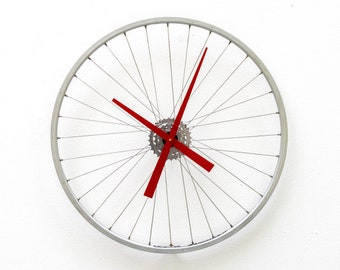 Bike Wheel Clock, Large, Wall, gear, Cycle, Steampunk, Bicycle, Modern, road, repurpose, reuse, upcycle, recycle, silver, battery, chain,