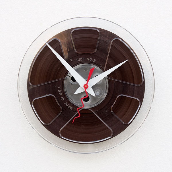 clock made from a recycled magnetic tape reel