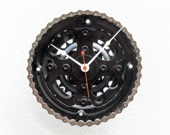 Bike Gear Clock, bicycle, cycle, boyfriend, Dad, repurpose, Recycle, reuse, Upcycle, reclaim, chain, wall, battery, time, black, wall, cog,