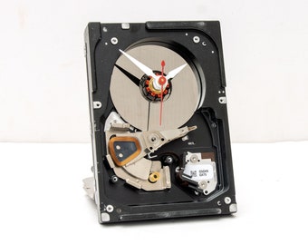 Recycled hard drive clock, geek, nerd, Computer, steampunk, upcycle, repurpose, reuse, reclaim, PC, tech, desk, battery, Dad, father, IT,