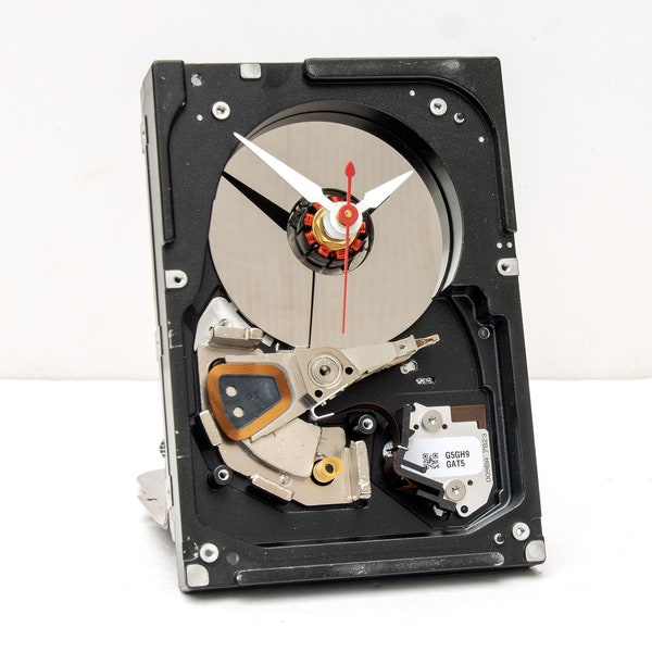 Recycled hard drive clock, geek, nerd, Computer, steampunk, upcycle, repurpose, reuse, reclaim, PC, tech, desk, battery, Dad, father, IT,