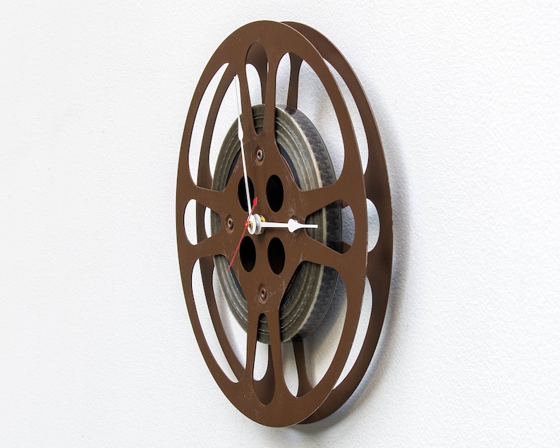 16mm photo reuse Theater vintage Movie brown, repurpose upcycle Filmmaker Photographer Film Reel Wall Clock antique recycle