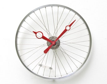 Bike Wheel Clock, Large, Wall, Cycle, Unique, Wedding, Steampunk, Decor, Modern, gear, repurpose, recycle, upcycle, reuse, boyfriend, silver