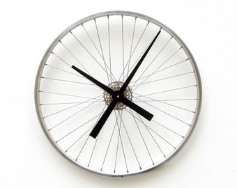 Bike Wheel Clock, Large, Wall, gear, Cycle, Steampunk, Bicycle, Modern, road, repurpose, reuse, upcycle, recycle, hub, battery, chain, time,