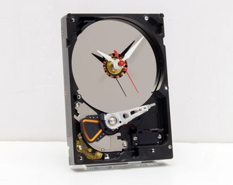 Computer Hard Drive Clock, nerd, geek, Mac, recycle, Upcycle, analog, repurpose, reuse, PC, tech, retro, desk, battery, vintage, time, offi