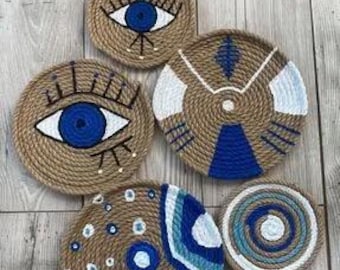 Juego de 5 cestas de pared africanas bohemias – Decoración tejida a mano – Platos de yute natural
