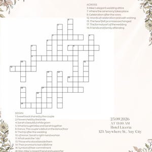 Op de afbeelding: Een bruiloft kruiswoordpuzzel met de namen "Sarah & Mike" bovenaan. De puzzel bevat aanwijzingen zoals "Mike's elegante trouwkleding" en "Sarah's prachtige witte jurk." Bloemenontwerpen omlijsten de randen, met datum en locatie.