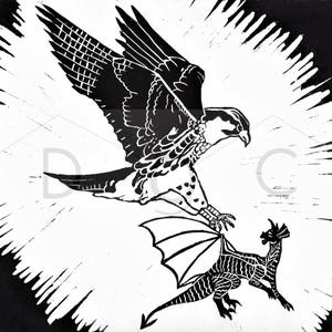 The Last Dragon - lino cut print, linocut, relief print, handmade, OAK, original art, dragon, peregrine, peregrine falcon