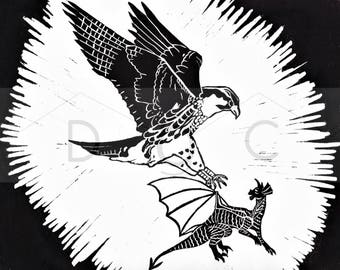 The Last Dragon - lino cut print, linocut, relief print, handmade, OAK, original art, dragon, peregrine, peregrine falcon