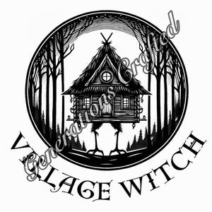 May include: Black and white illustration of a house with a thatched roof, standing on stilts in a forest. The house has a small window and a door. The text "Village Witch" is written below the image.