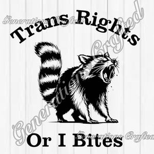 May include: Black and white illustration of a raccoon with its mouth open, baring its teeth. The text "Trans Rights" is above the raccoon, and "Or I Bites" is below. The image is on a white background.