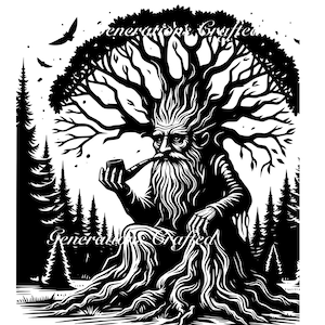 May include: Black and white illustration of a tree spirit with a long beard, sitting on a tree stump and smoking a pipe. The tree spirit is surrounded by trees.