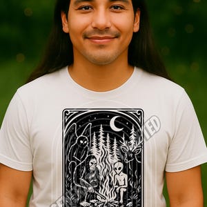 May include: White t-shirt featuring a black and white graphic of cryptids and an alien gathered around a campfire in a forest under a crescent moon. The text "NATIONAL PARK AFTER DARK" is below the graphic.