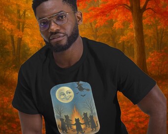 Black Cats Bonfire Halloween Unisex T-Shirt – Sizes S–5X | Spooky Autumn Witchy Tee