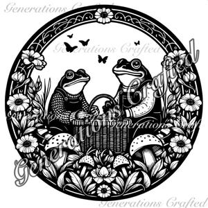 May include: Black and white illustration of two frogs sitting in a garden with a picnic basket. The frogs are wearing overalls and are surrounded by flowers and mushrooms.