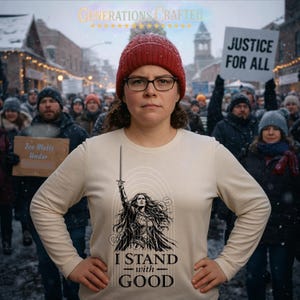 May include: A woman in a cream long-sleeved shirt with a graphic of a woman with a sword and the text "I STAND with GOOD". She wears a red beanie and glasses, standing before a crowd holding signs, in a snowy street scene.